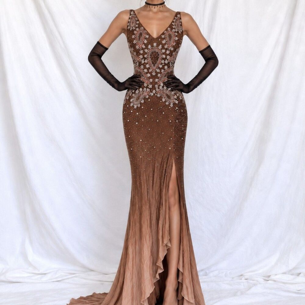 Vintage Y2K Brown Beaded Ombre Ruffle Formal Maxi Prom Dress Size S